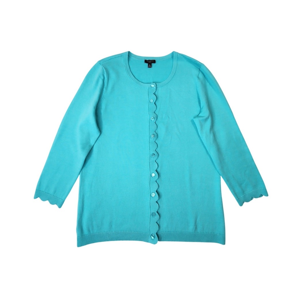 Talbots Cardigan MP Turquoise Scalloped Trim 3/4 Sleeve